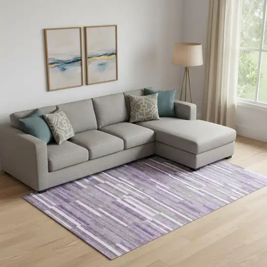 Purple Ivory And Gray Striped Washable Area Rug With UV Protection Photo 1