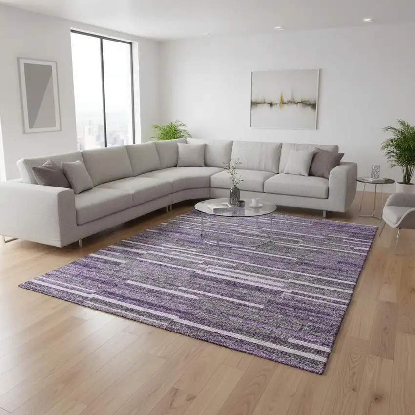 Purple Ivory And Gray Striped Washable Area Rug With UV Protection Photo 2