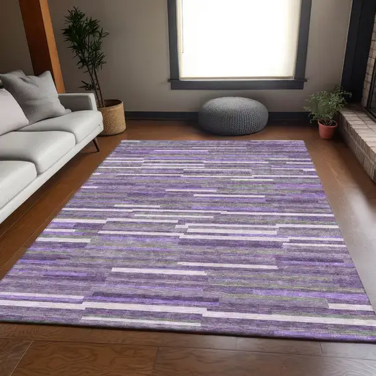 Purple Ivory And Gray Striped Washable Area Rug With UV Protection Photo 6