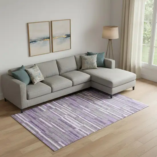 Purple Ivory And Gray Striped Washable Area Rug With UV Protection Photo 1