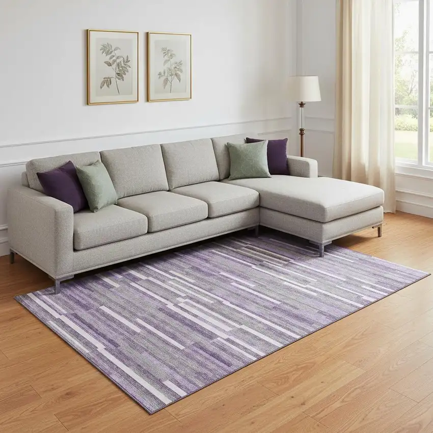 Purple Ivory And Gray Striped Washable Area Rug With UV Protection Photo 1
