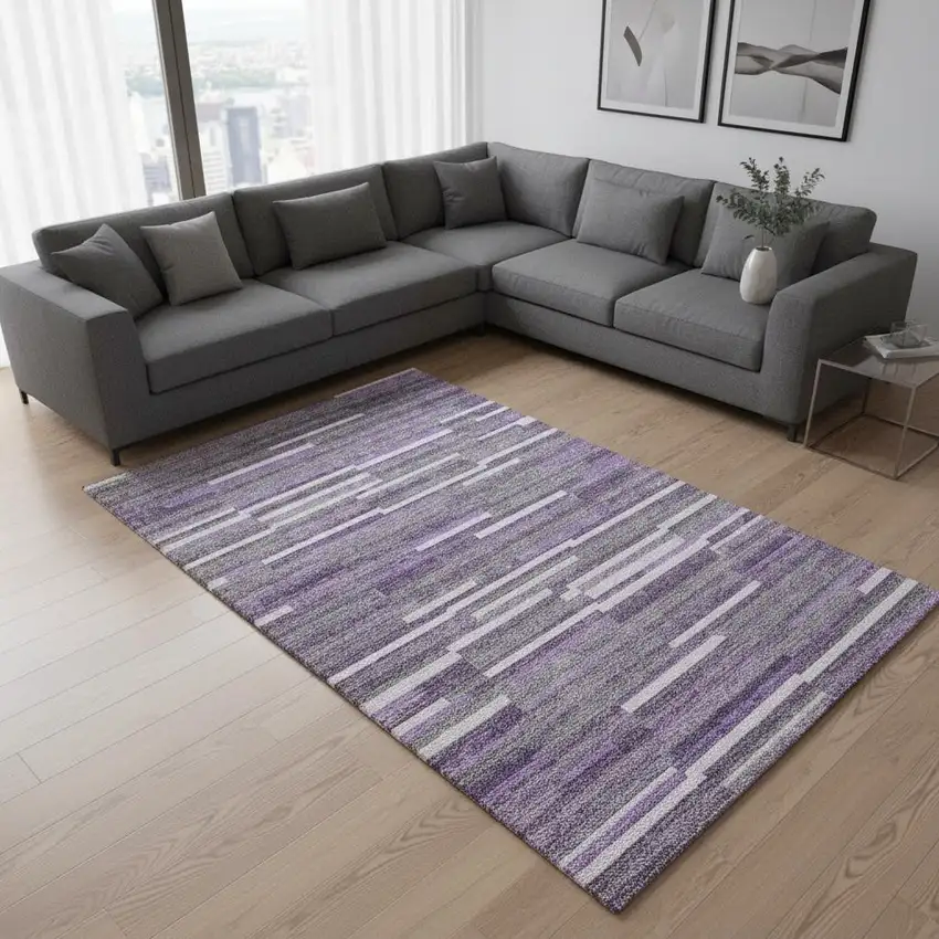 Purple Ivory And Gray Striped Washable Area Rug With UV Protection Photo 2