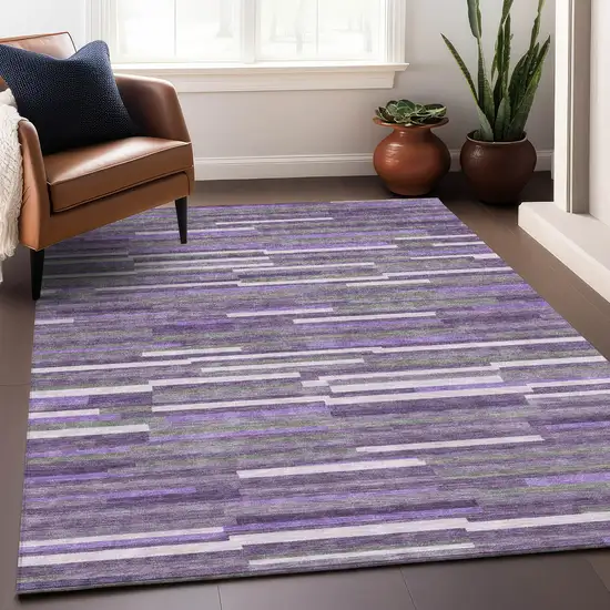 Purple Ivory And Gray Striped Washable Area Rug With UV Protection Photo 5