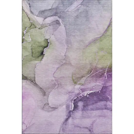 Purple Ivory And Green Abstract Washable Area Rug With UV Protection Photo 1
