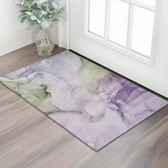Purple Ivory And Green Abstract Washable Area Rug With UV Protection Photo 1