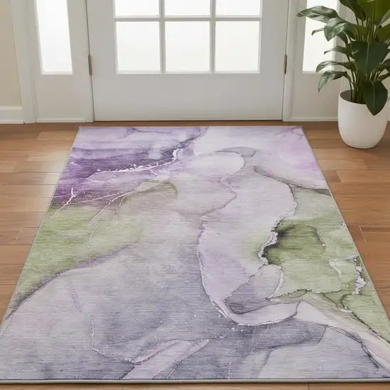 Purple Ivory And Green Abstract Washable Area Rug With UV Protection Photo 2