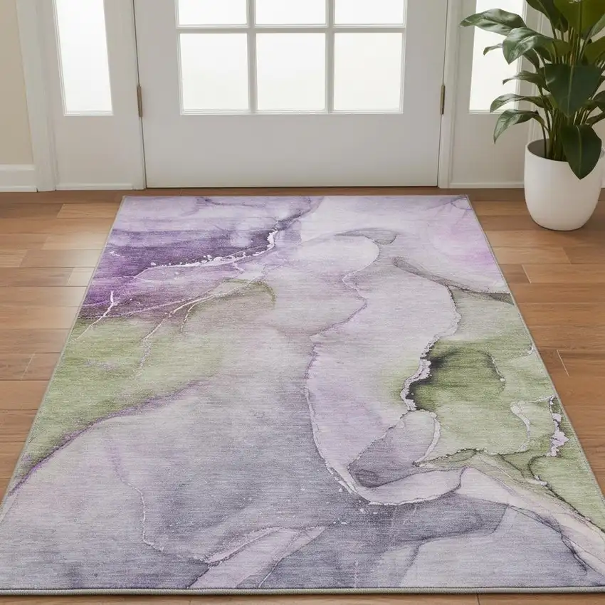 Purple Ivory And Green Abstract Washable Area Rug With UV Protection Photo 2