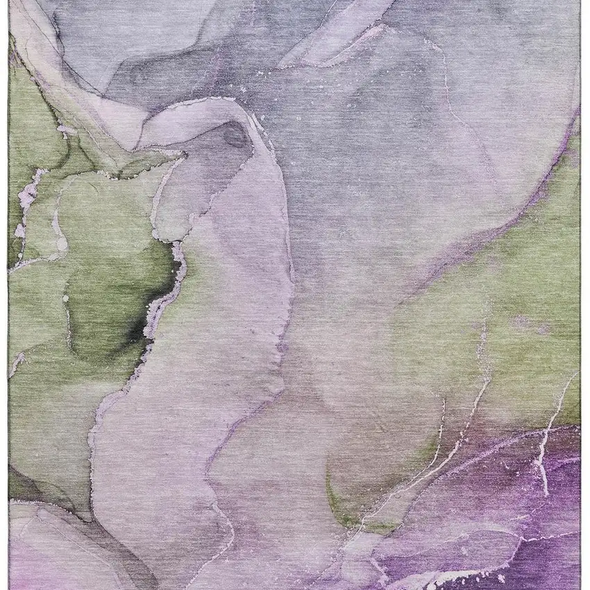 Purple Ivory And Green Abstract Washable Area Rug With UV Protection Photo 4