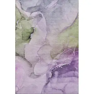 Photo of Purple Ivory And Green Abstract Washable Area Rug With UV Protection