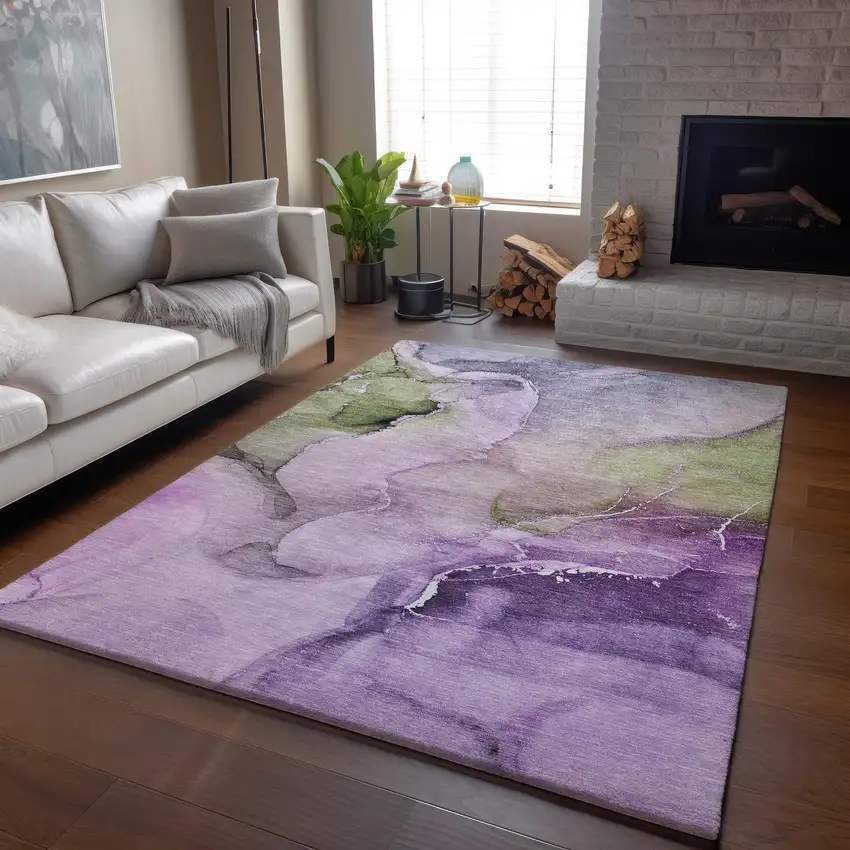 Purple Ivory And Green Abstract Washable Area Rug With UV Protection Photo 6