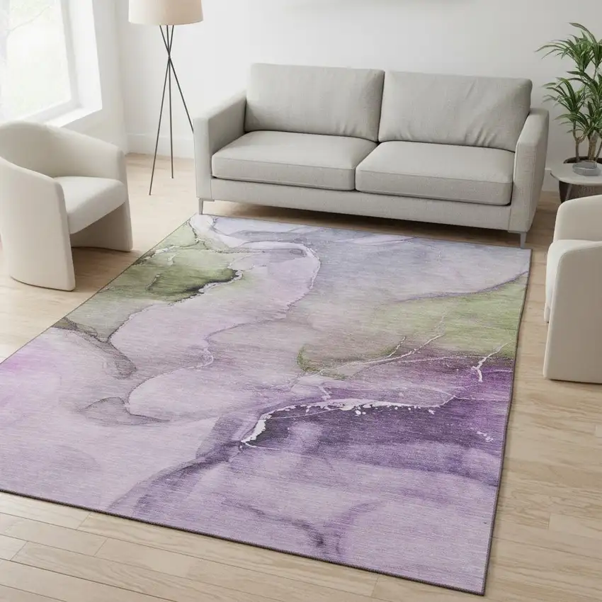 Purple Ivory And Green Abstract Washable Area Rug With UV Protection Photo 2