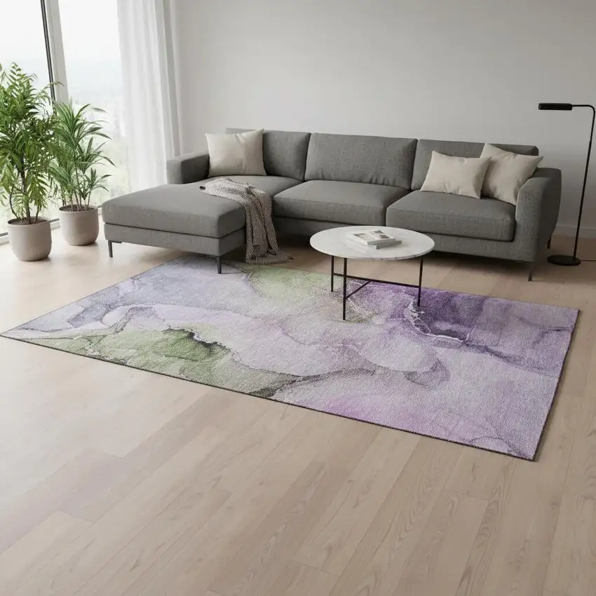 Purple Ivory And Green Abstract Washable Area Rug With UV Protection Photo 3