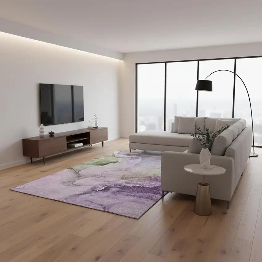 Purple Ivory And Green Abstract Washable Area Rug With UV Protection Photo 2