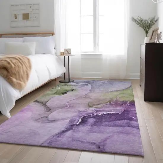 Purple Ivory And Green Abstract Washable Area Rug With UV Protection Photo 5