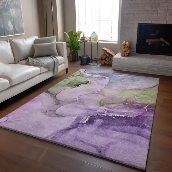 Purple Ivory And Green Abstract Washable Area Rug With UV Protection Photo 6