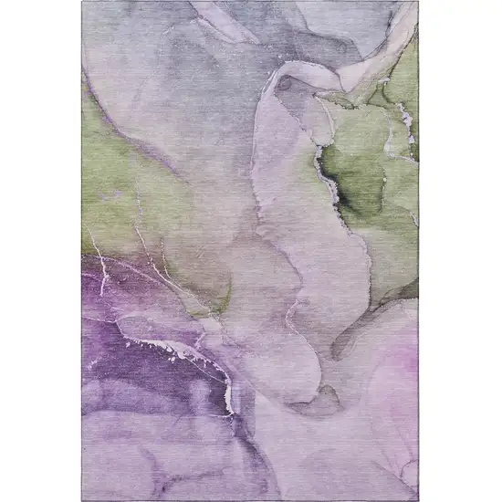 Purple Ivory And Green Abstract Washable Area Rug With UV Protection Photo 3