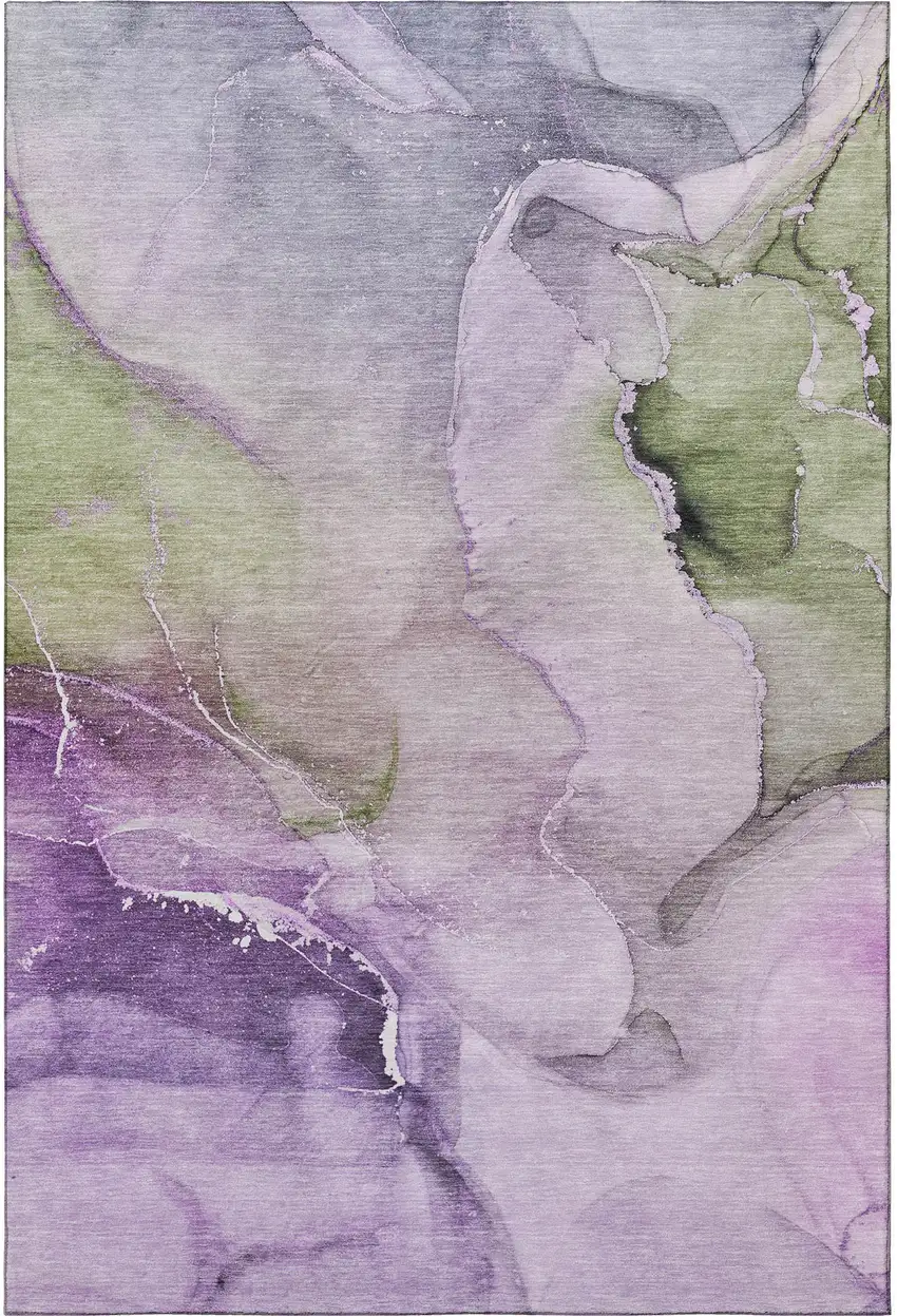 Purple Ivory And Green Abstract Washable Area Rug With UV Protection Photo 3