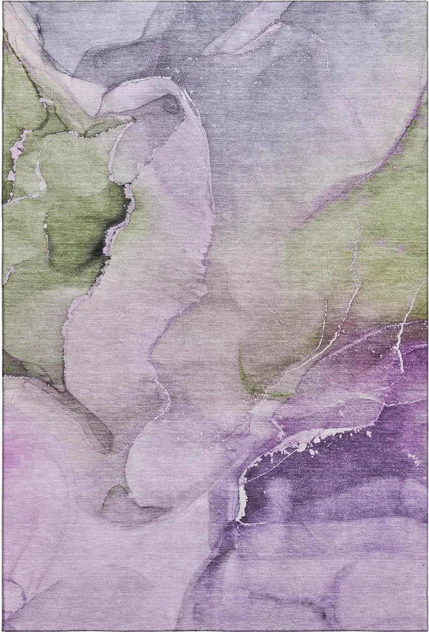 Purple Ivory And Green Abstract Washable Area Rug With UV Protection Photo 1