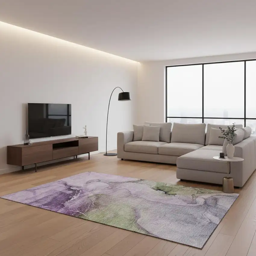 Purple Ivory And Green Abstract Washable Area Rug With UV Protection Photo 3