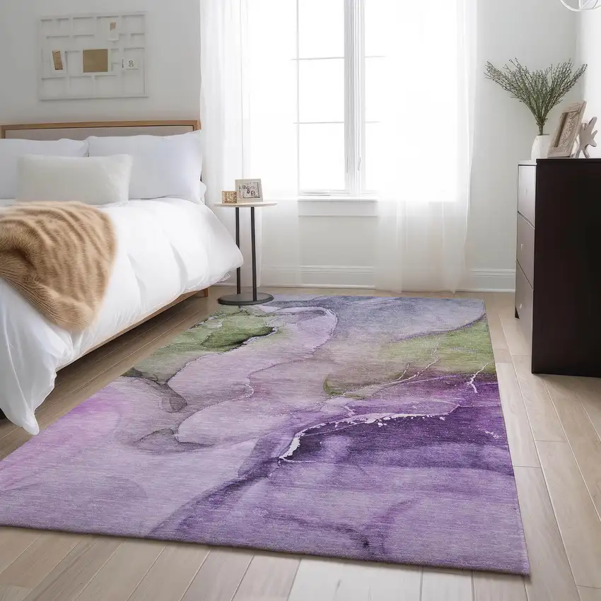 Purple Ivory And Green Abstract Washable Area Rug With UV Protection Photo 6
