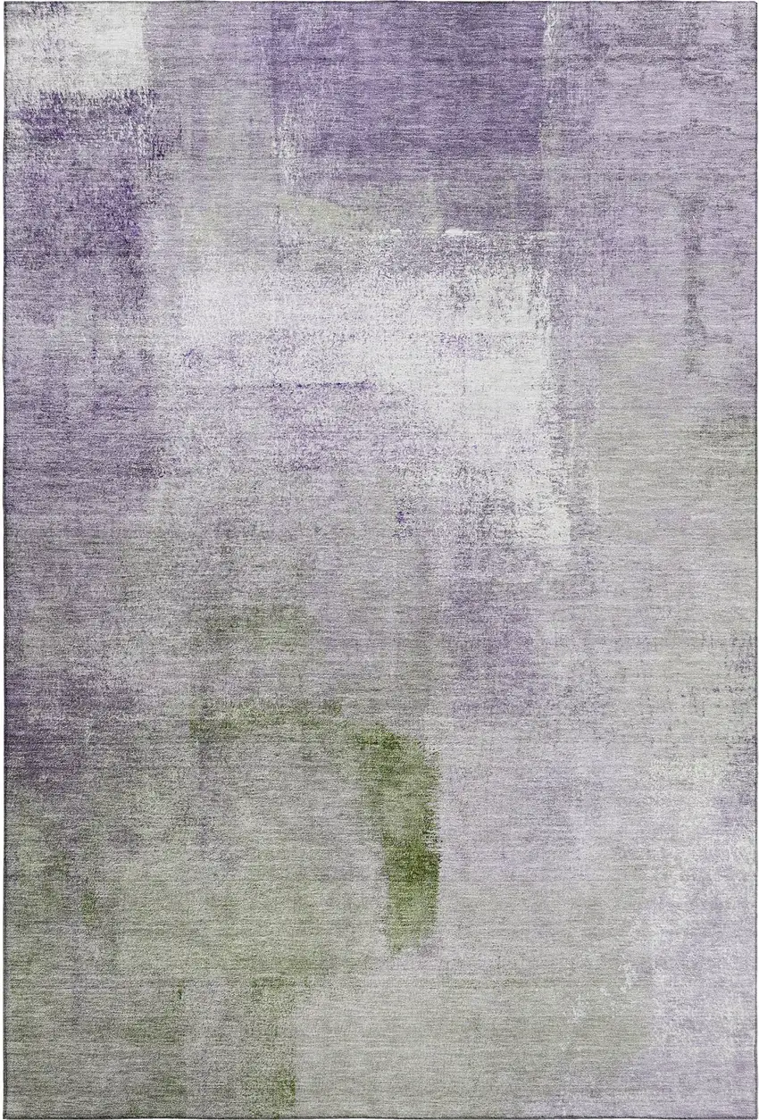 Purple Ivory And Green Abstract Washable Area Rug With UV Protection Photo 1