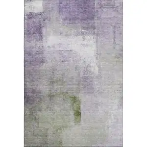 Photo of Purple Ivory And Green Abstract Washable Area Rug With UV Protection