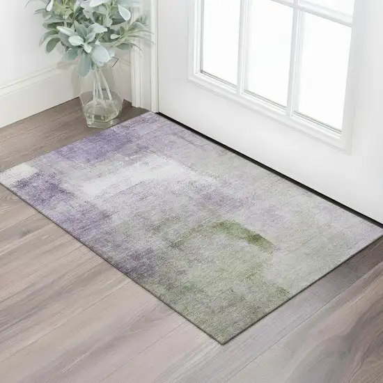 Purple Ivory And Green Abstract Washable Area Rug With UV Protection Photo 1