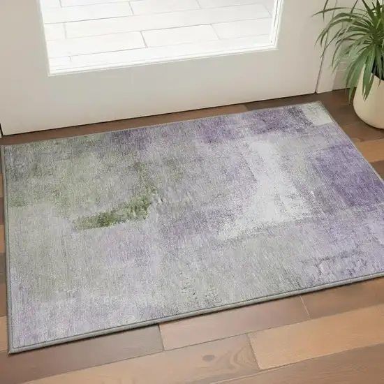 Purple Ivory And Green Abstract Washable Area Rug With UV Protection Photo 2