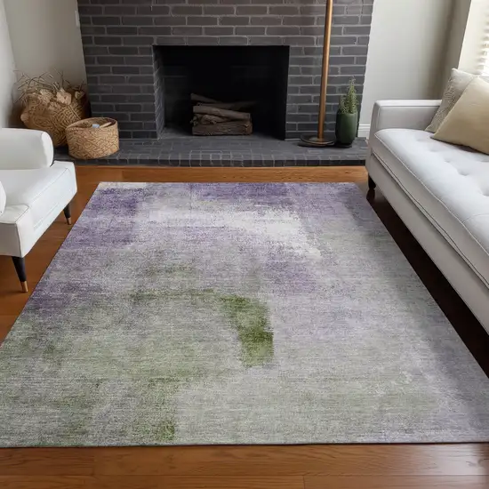 Purple Ivory And Green Abstract Washable Area Rug With UV Protection Photo 5