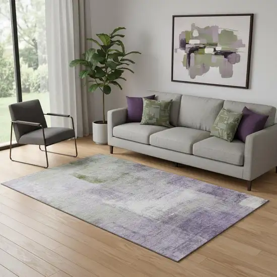 Purple Ivory And Green Abstract Washable Area Rug With UV Protection Photo 1