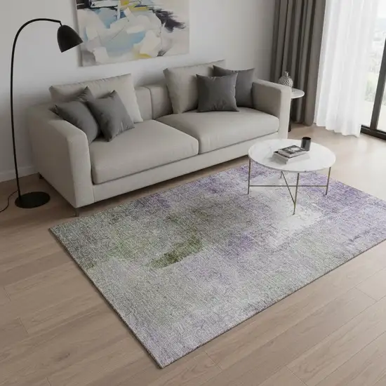 Purple Ivory And Green Abstract Washable Area Rug With UV Protection Photo 2