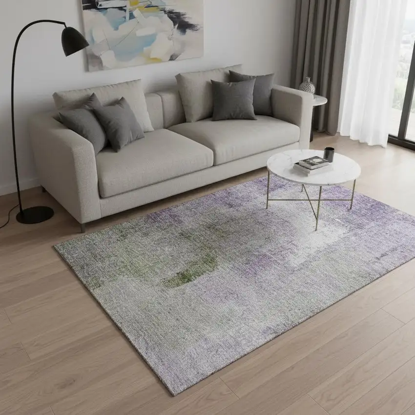Purple Ivory And Green Abstract Washable Area Rug With UV Protection Photo 2