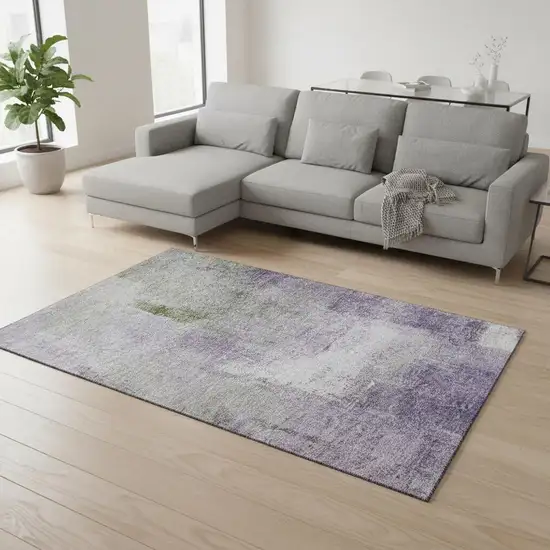 Purple Ivory And Green Abstract Washable Area Rug With UV Protection Photo 2