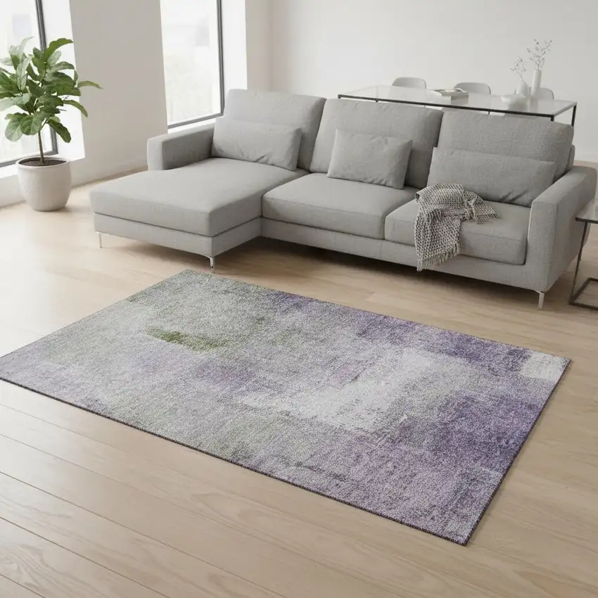 Purple Ivory And Green Abstract Washable Area Rug With UV Protection Photo 2