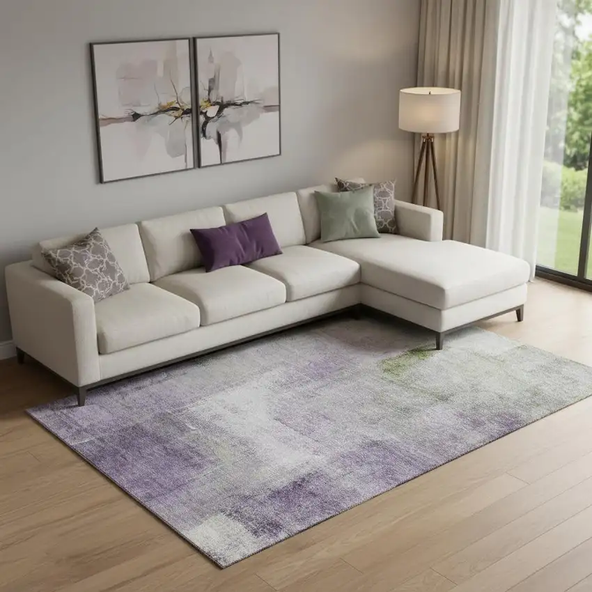Purple Ivory And Green Abstract Washable Area Rug With UV Protection Photo 1