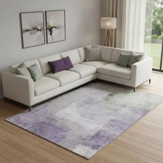 Purple Ivory And Green Abstract Washable Area Rug With UV Protection Photo 1