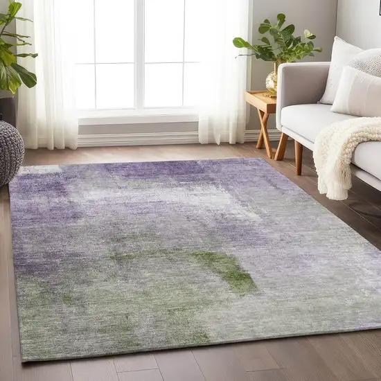 Purple Ivory And Green Abstract Washable Area Rug With UV Protection Photo 6
