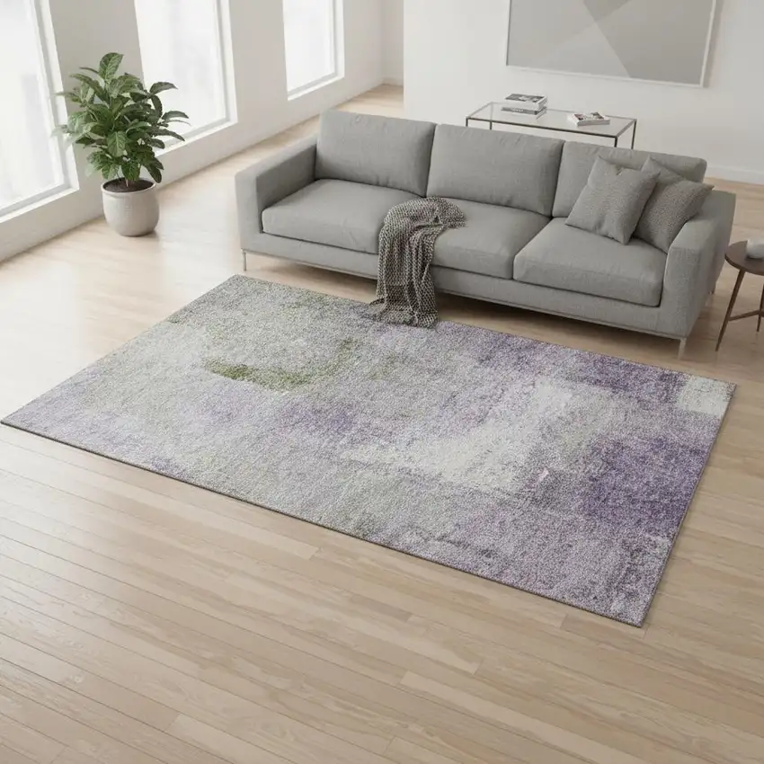 Purple Ivory And Green Abstract Washable Area Rug With UV Protection Photo 2