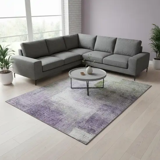 Purple Ivory And Green Abstract Washable Area Rug With UV Protection Photo 2