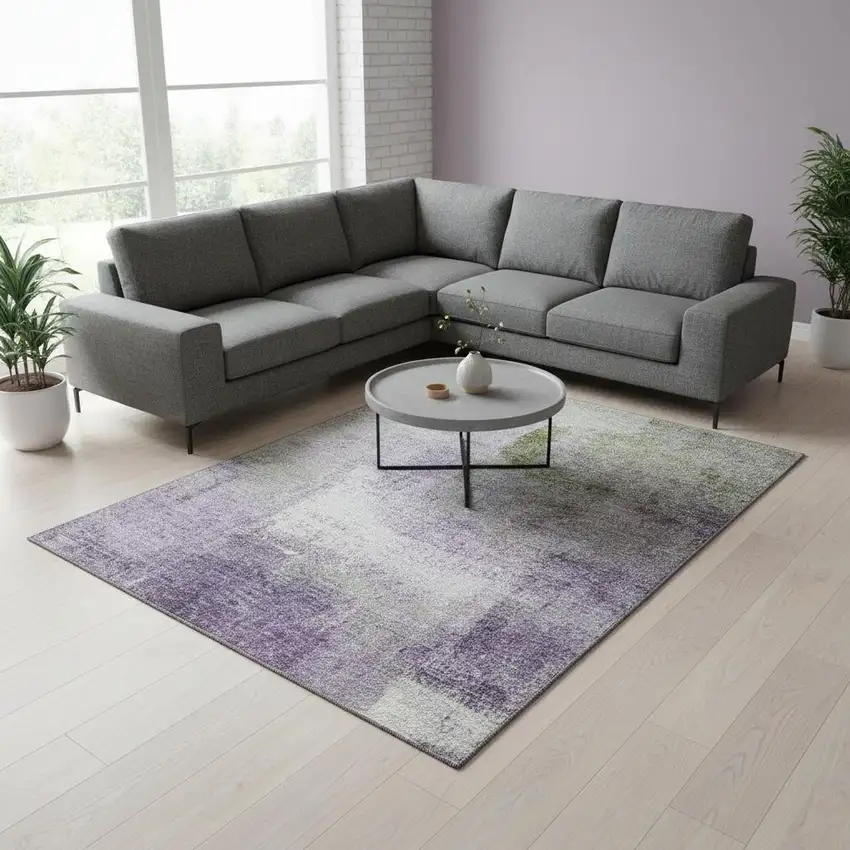 Purple Ivory And Green Abstract Washable Area Rug With UV Protection Photo 2