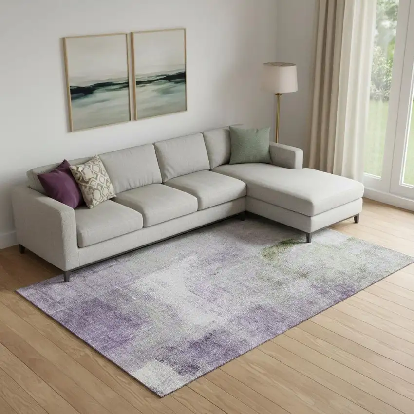Purple Ivory And Green Abstract Washable Area Rug With UV Protection Photo 1