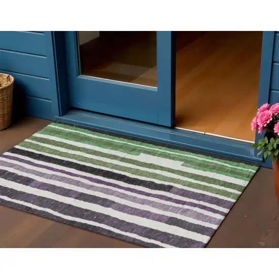 Purple Ivory And Green Striped Washable Indoor Outdoor Area Rug Photo 2
