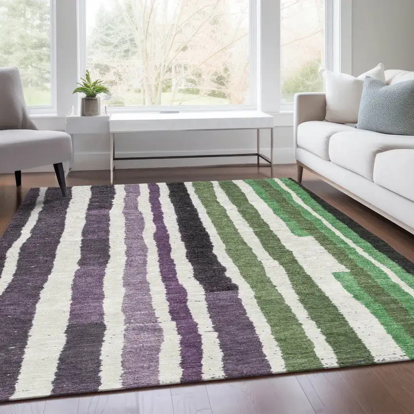 Purple Ivory And Green Striped Washable Indoor Outdoor Area Rug Photo 5