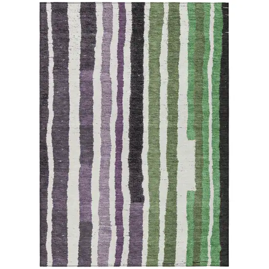 Purple Ivory And Green Striped Washable Indoor Outdoor Area Rug Photo 7