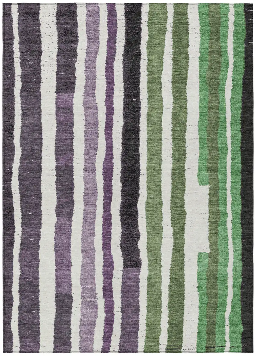 Purple Ivory And Green Striped Washable Indoor Outdoor Area Rug Photo 7