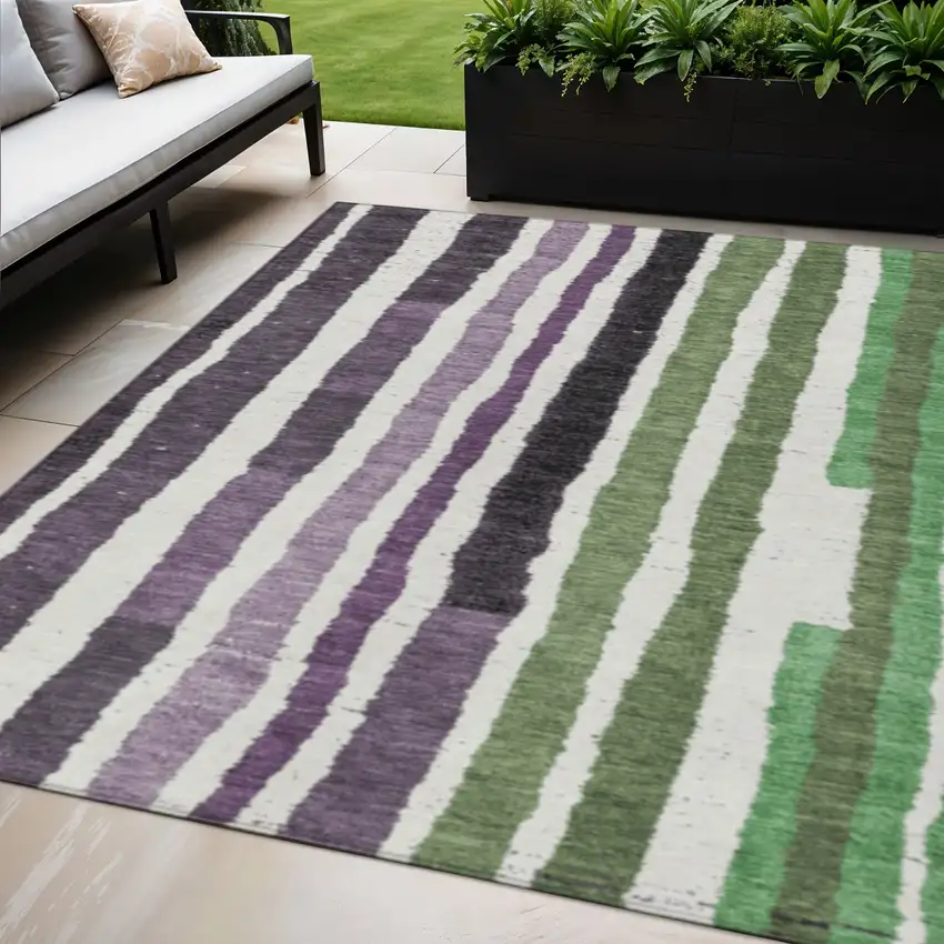 Purple Ivory And Green Striped Washable Indoor Outdoor Area Rug Photo 2