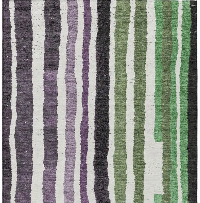 Purple Ivory And Green Striped Washable Indoor Outdoor Area Rug Photo 1