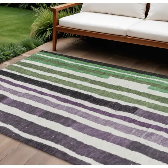 Purple Ivory And Green Striped Washable Indoor Outdoor Area Rug Photo 2
