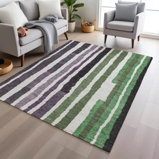 Purple Ivory And Green Striped Washable Indoor Outdoor Area Rug Photo 5