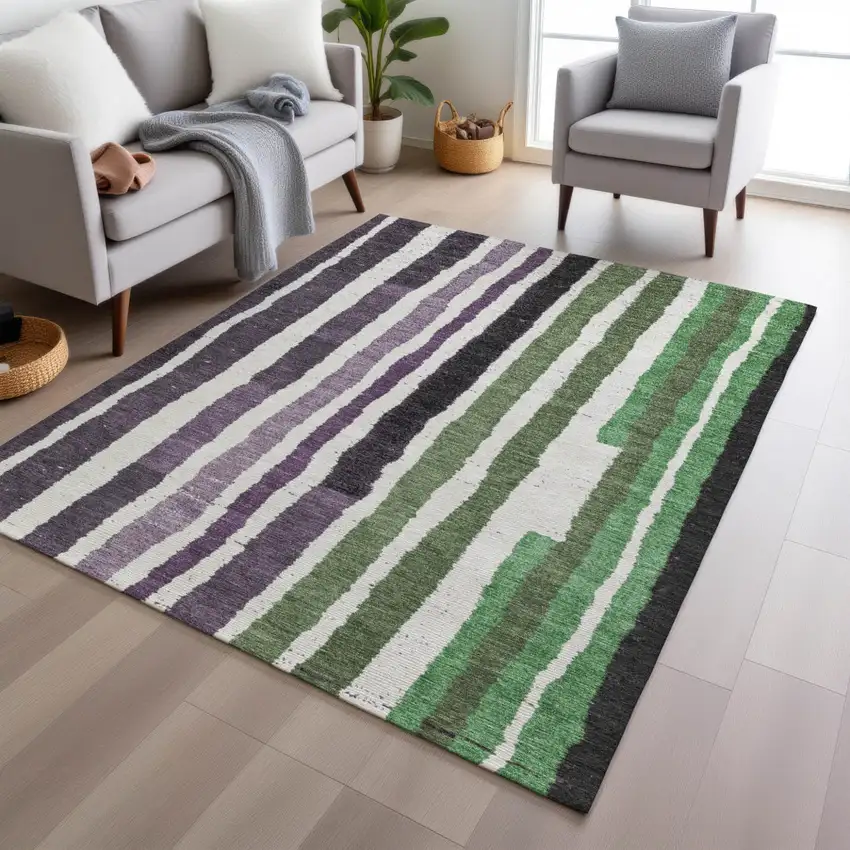 Purple Ivory And Green Striped Washable Indoor Outdoor Area Rug Photo 5